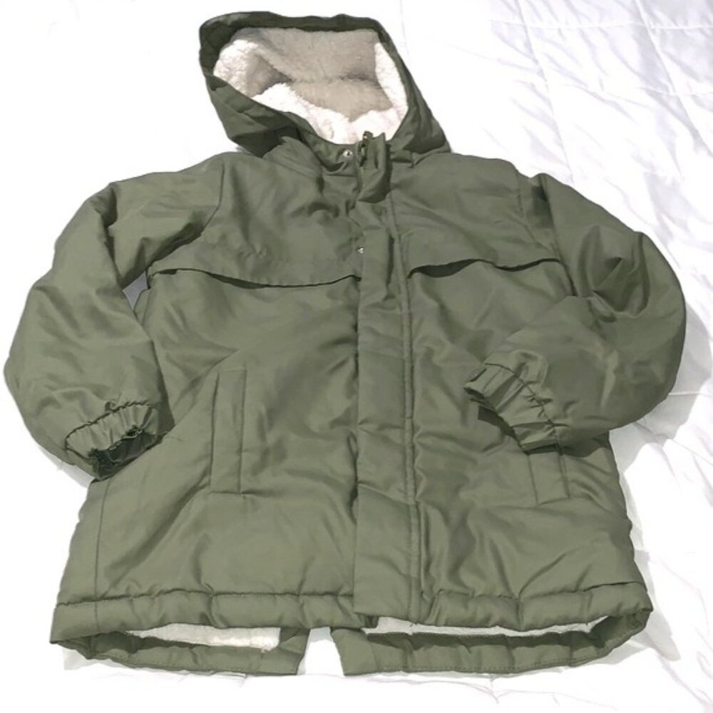 Cat & Jack Green Boys Hooded Parka Coat M Faux Fur Lining Recycled Polyester